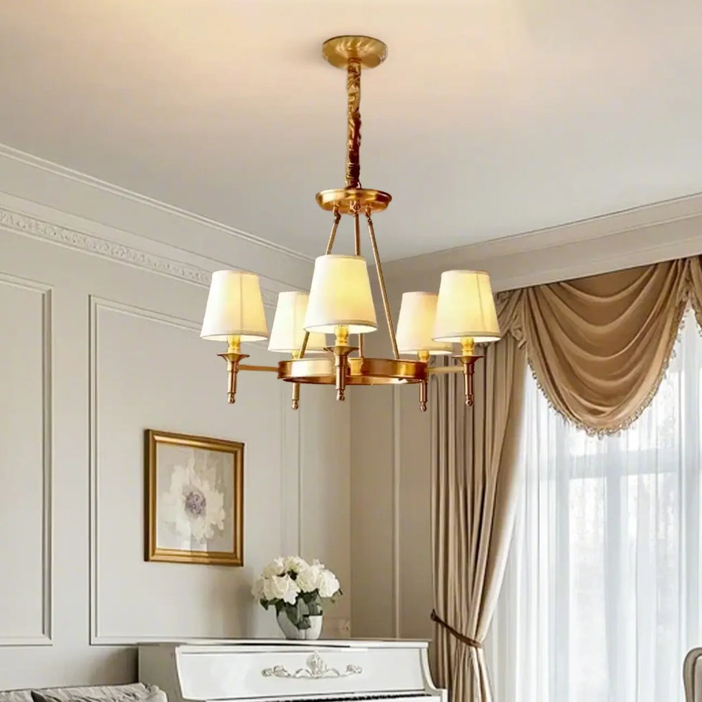 Vintage Gold Round Chandelier with Fabric Cone Lampshade