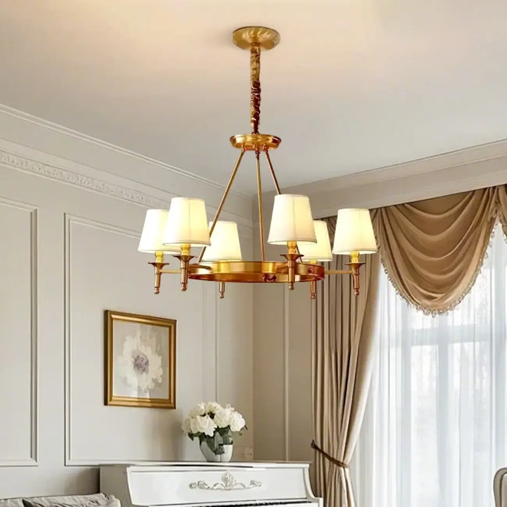 Vintage Gold Round Chandelier with Fabric Cone Lampshade