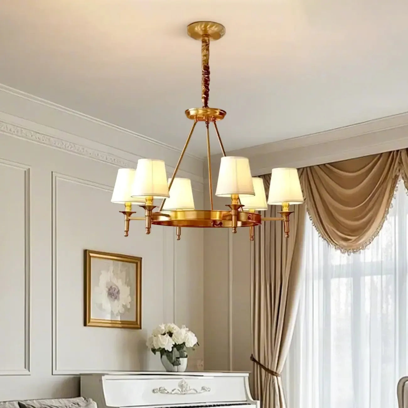 Vintage Gold Round Chandelier with Fabric Cone Lampshade