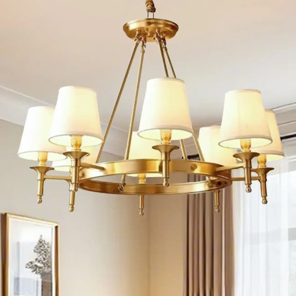 Vintage Gold Round Chandelier with Fabric Cone Lampshade