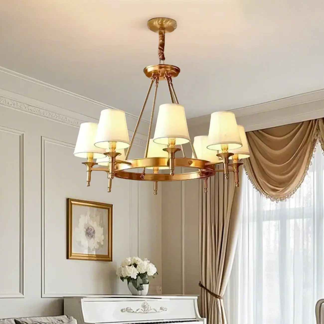 Vintage Gold Round Chandelier with Fabric Cone Lampshade