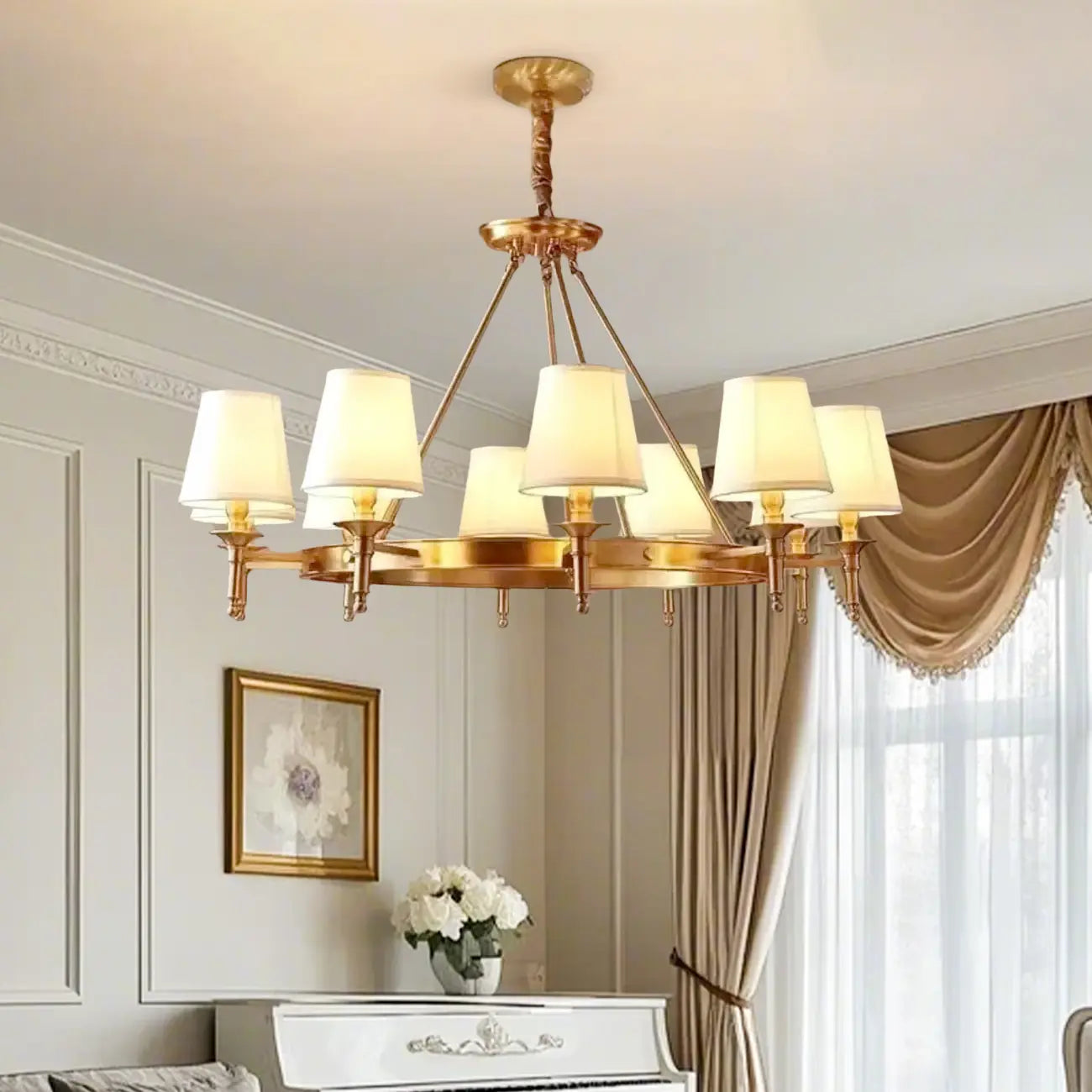 Vintage Gold Round Chandelier with Fabric Cone Lampshade