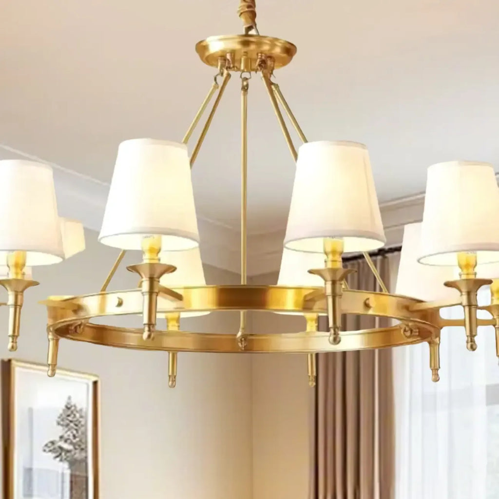 Vintage Gold Round Chandelier with Fabric Cone Lampshade