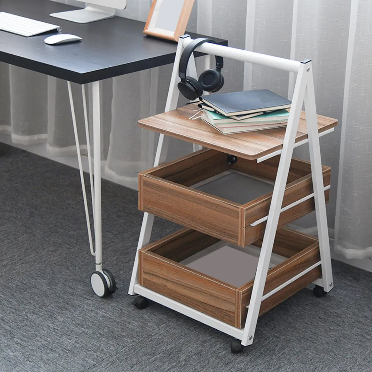 Modern Wooden Nightstand with Rolling Storage Shelves