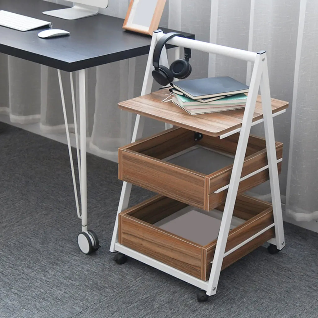Modern Wooden Nightstand with Rolling Storage Shelves