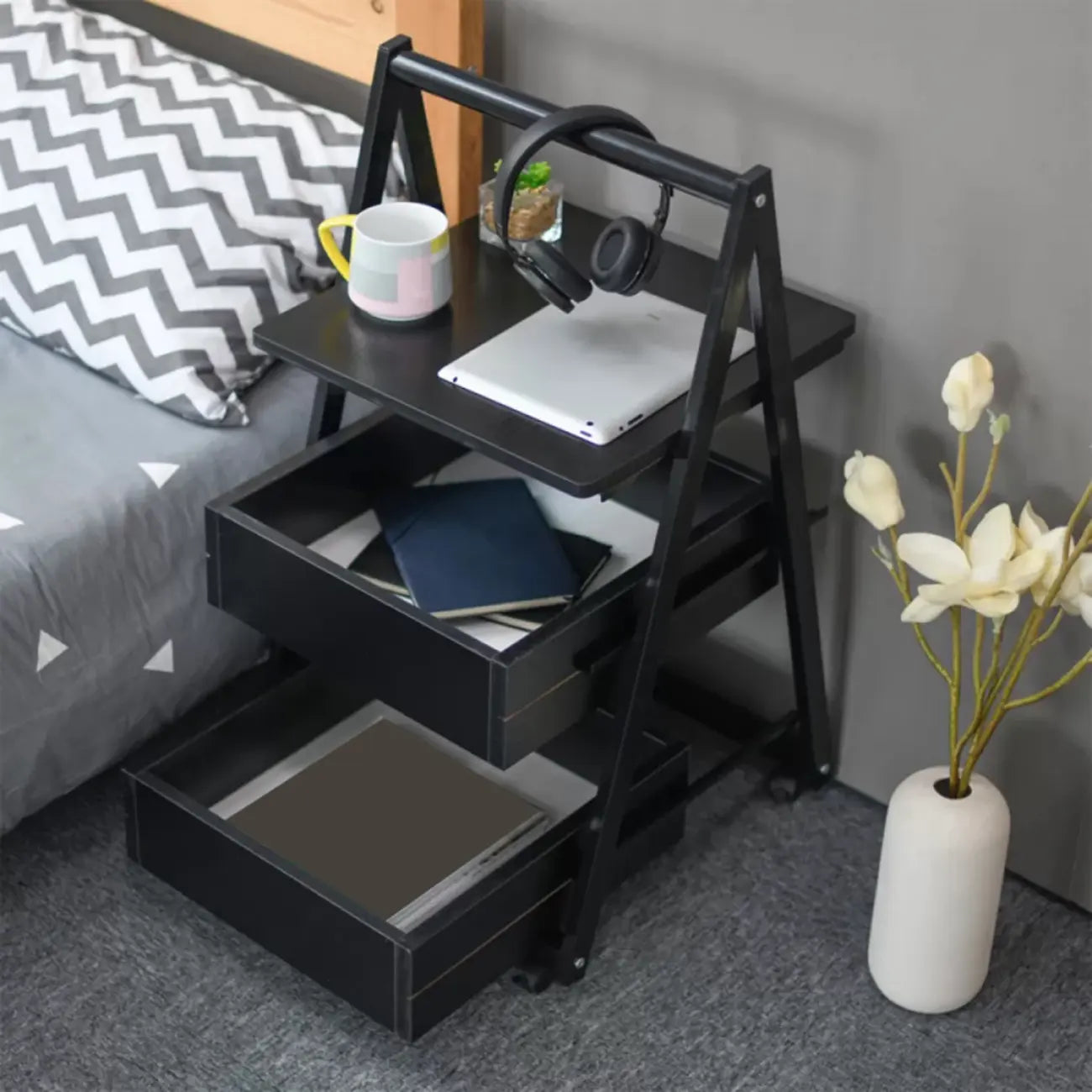 Modern Wooden Nightstand with Rolling Storage Shelves