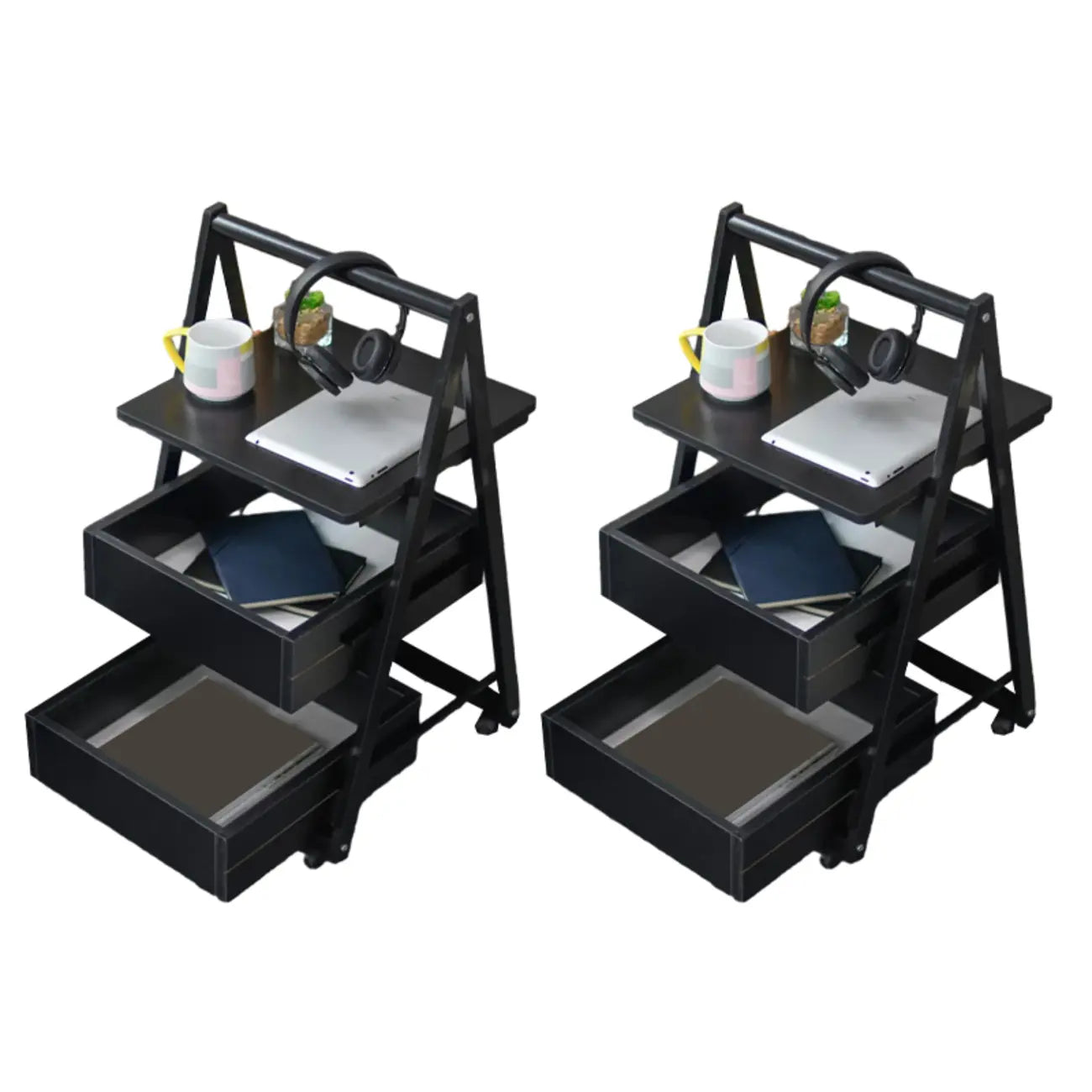 Modern Wooden Nightstand with Rolling Storage Shelves