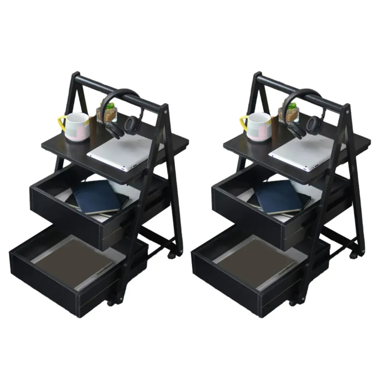 Modern Wooden Nightstand with Rolling Storage Shelves