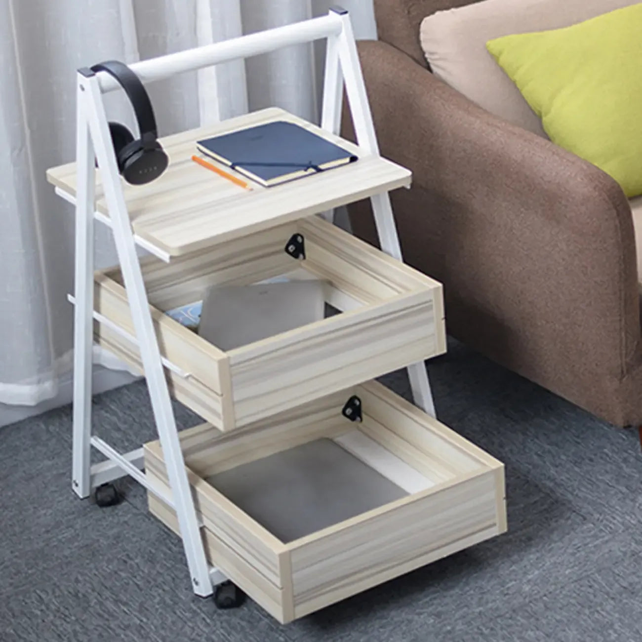 Modern Wooden Nightstand with Rolling Storage Shelves