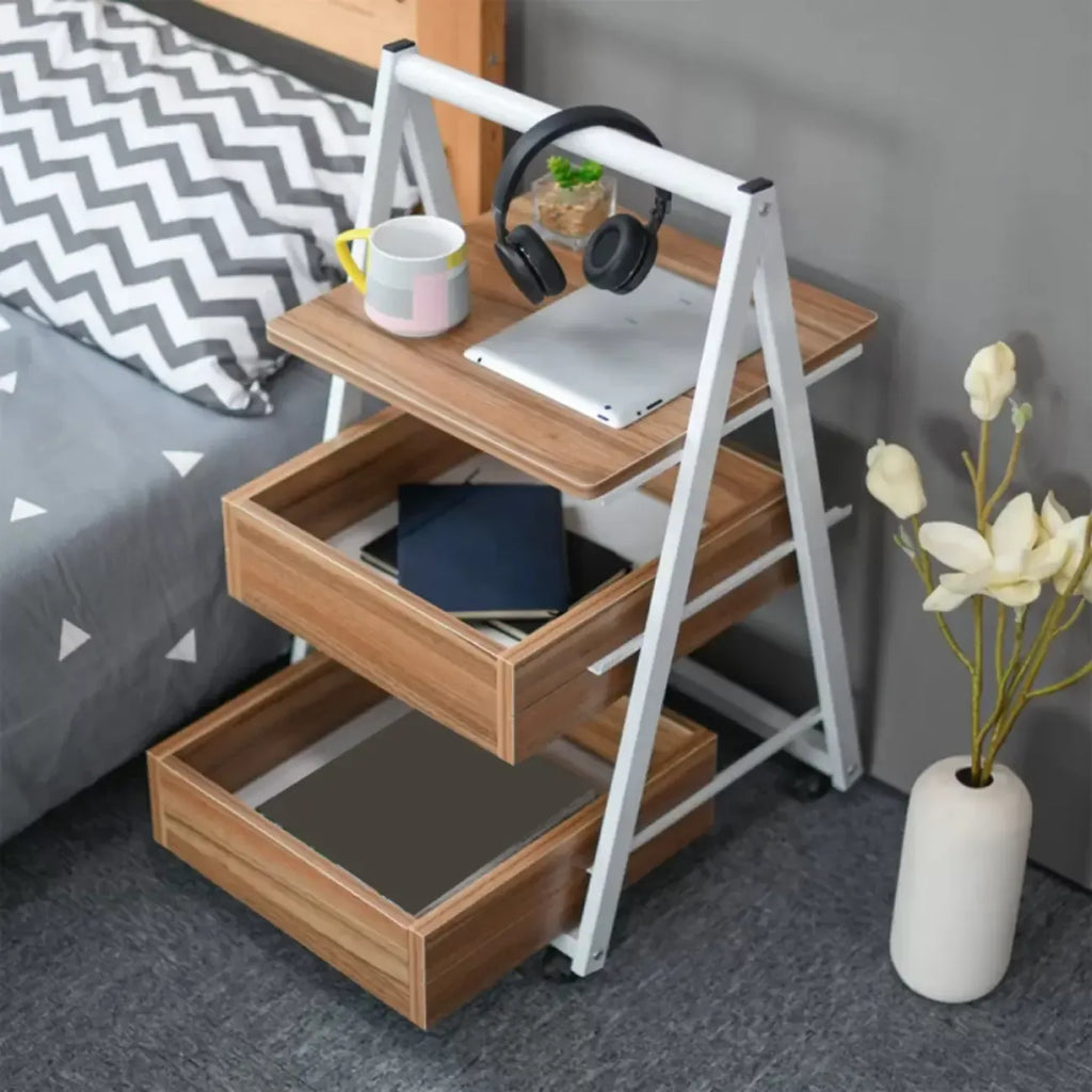 Modern Wooden Nightstand with Rolling Storage Shelves