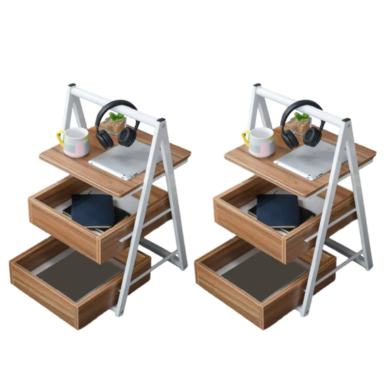 Modern Wooden Nightstand with Rolling Storage Shelves