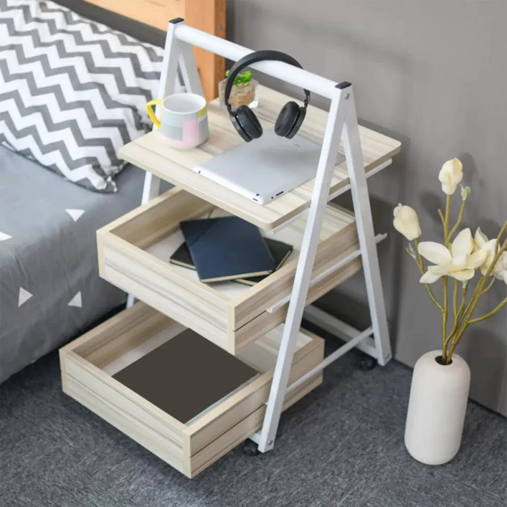 Modern Wooden Nightstand with Rolling Storage Shelves