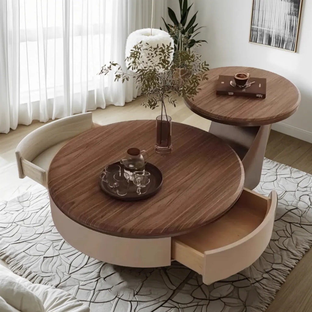 Brown 2 Drawers Elegant Round Wood Coffee Table