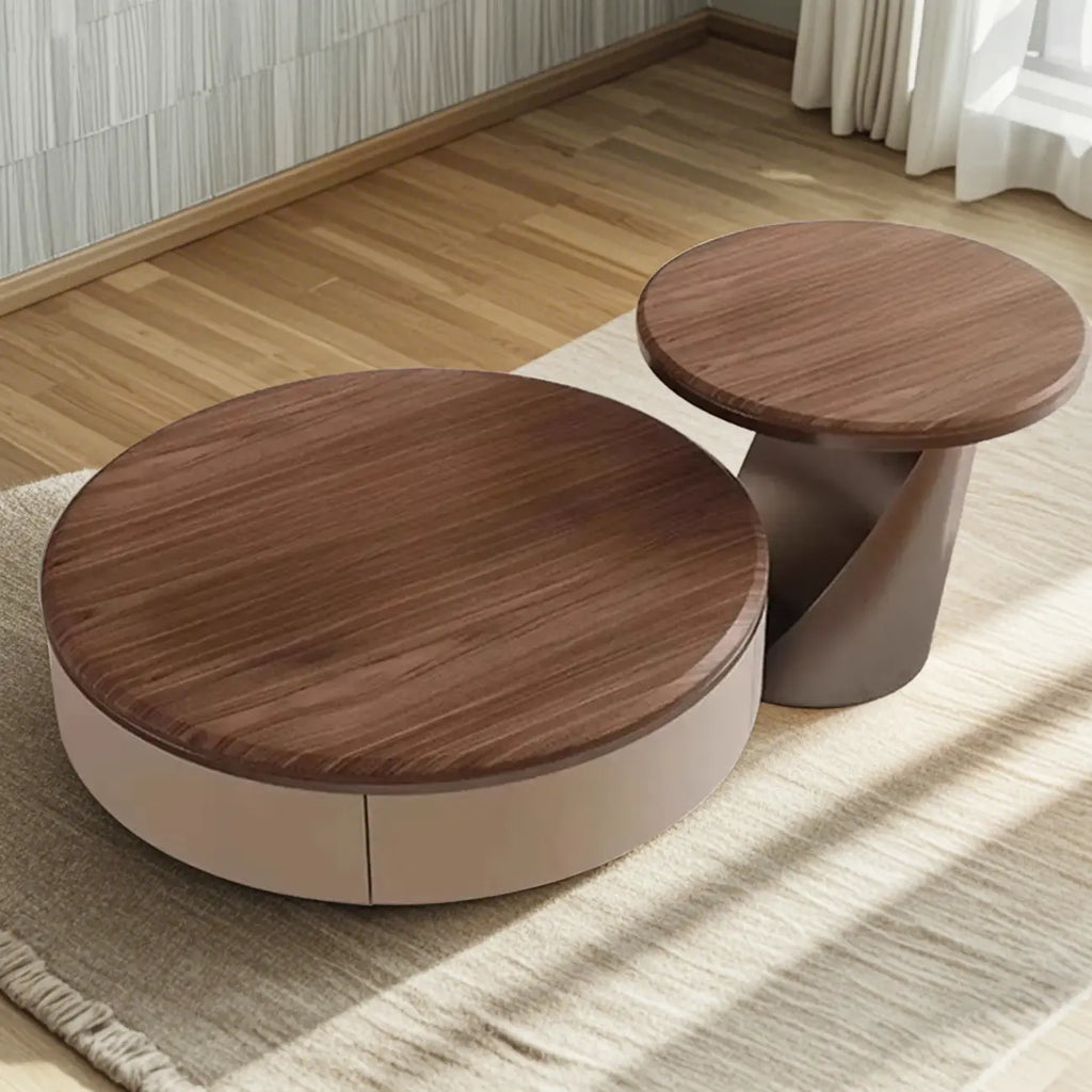 Brown 2 Drawers Elegant Round Wood Coffee Table