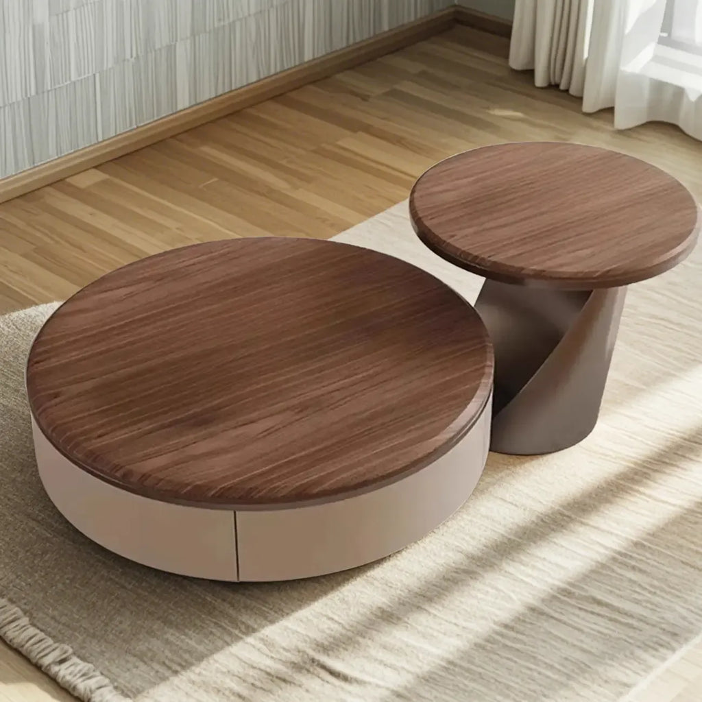 Brown 2 Drawers Elegant Round Wood Coffee Table
