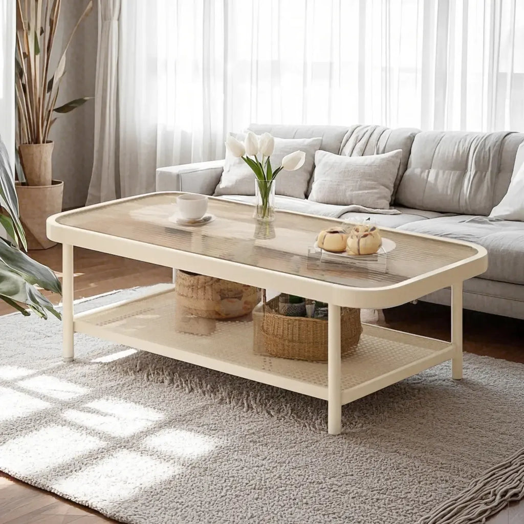 2-Tier Modern Cream Rectangle Glass Coffee Table