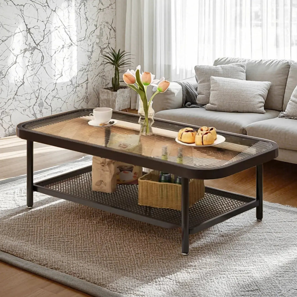 2-Tier Modern Cream Rectangle Glass Coffee Table
