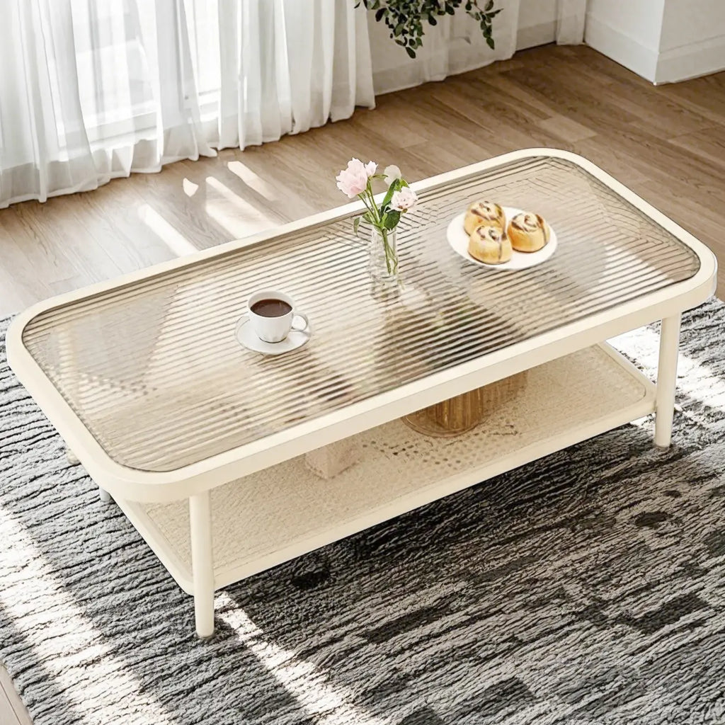 2-Tier Modern Cream Rectangle Glass Coffee Table