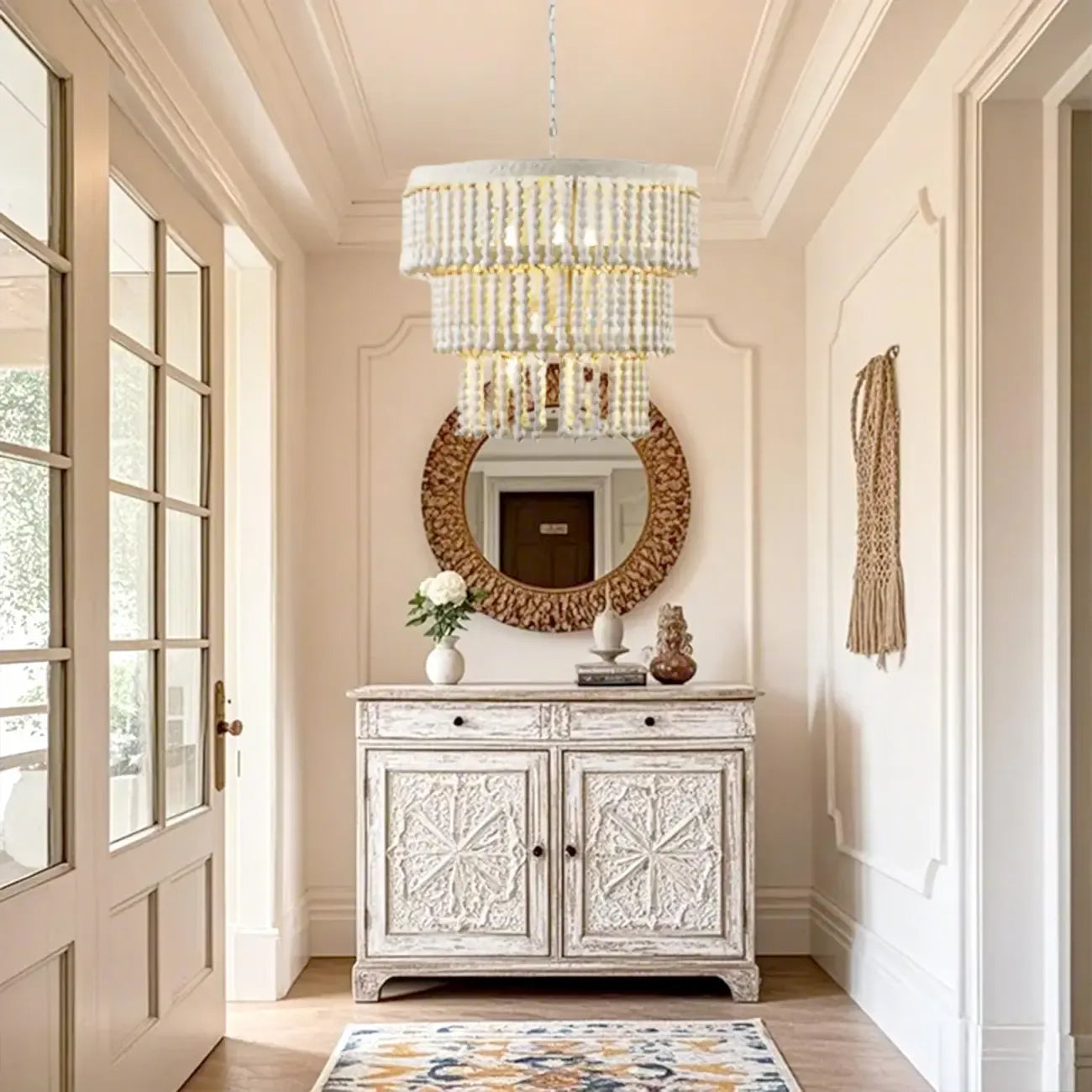 3 Tiers White Wood Beaded Chandelier with Elegant Design