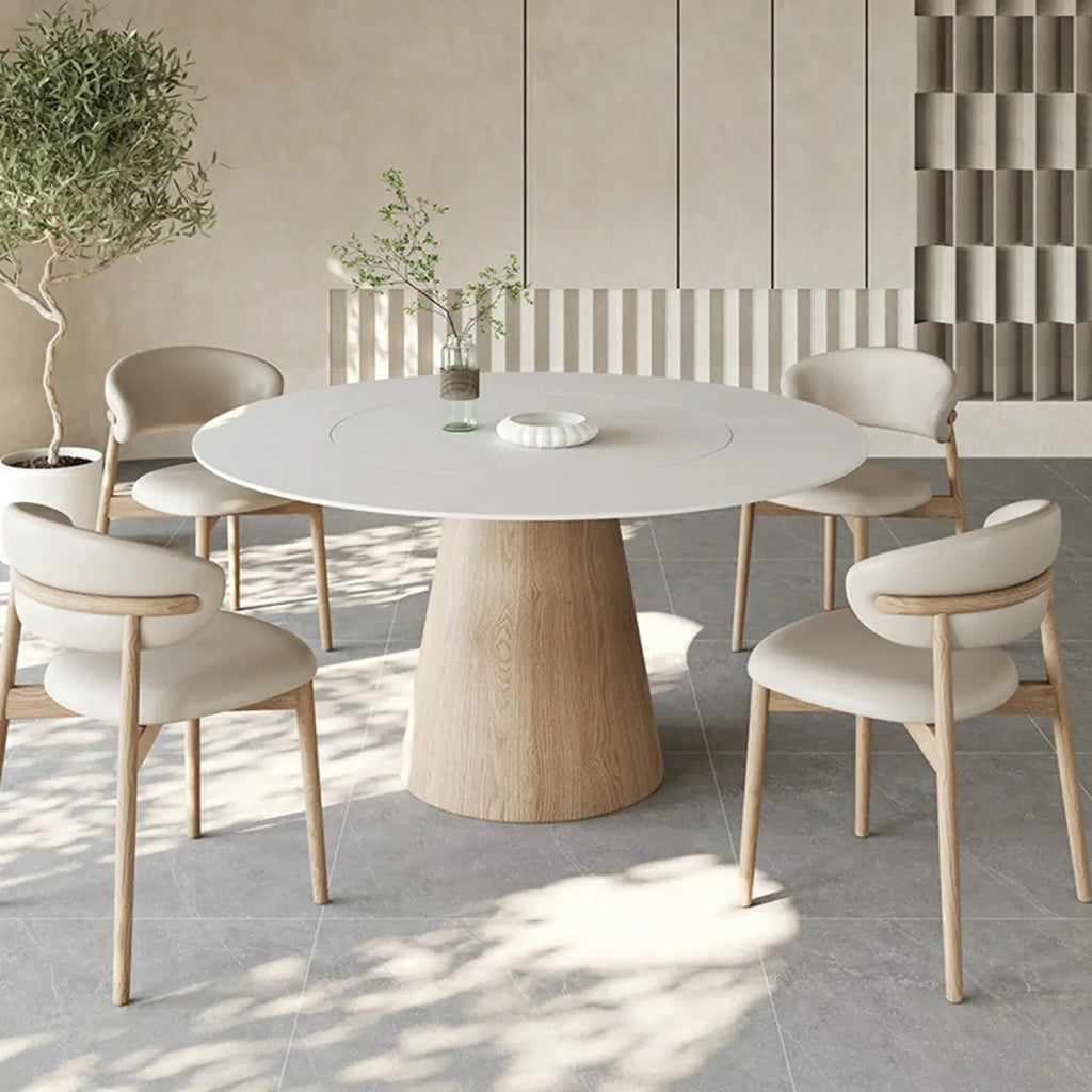 Simple White Stone Natural Wood Round Dining Table