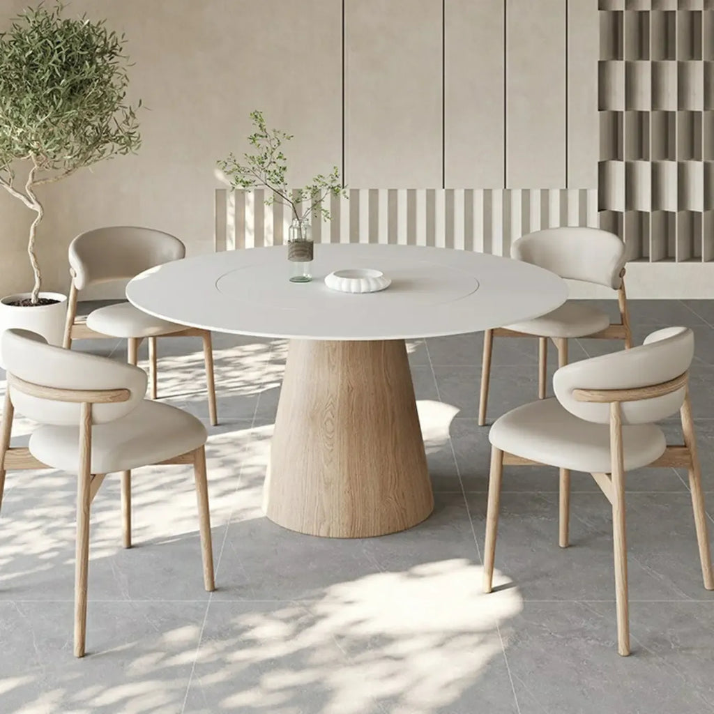 Simple White Stone Natural Wood Round Dining Table