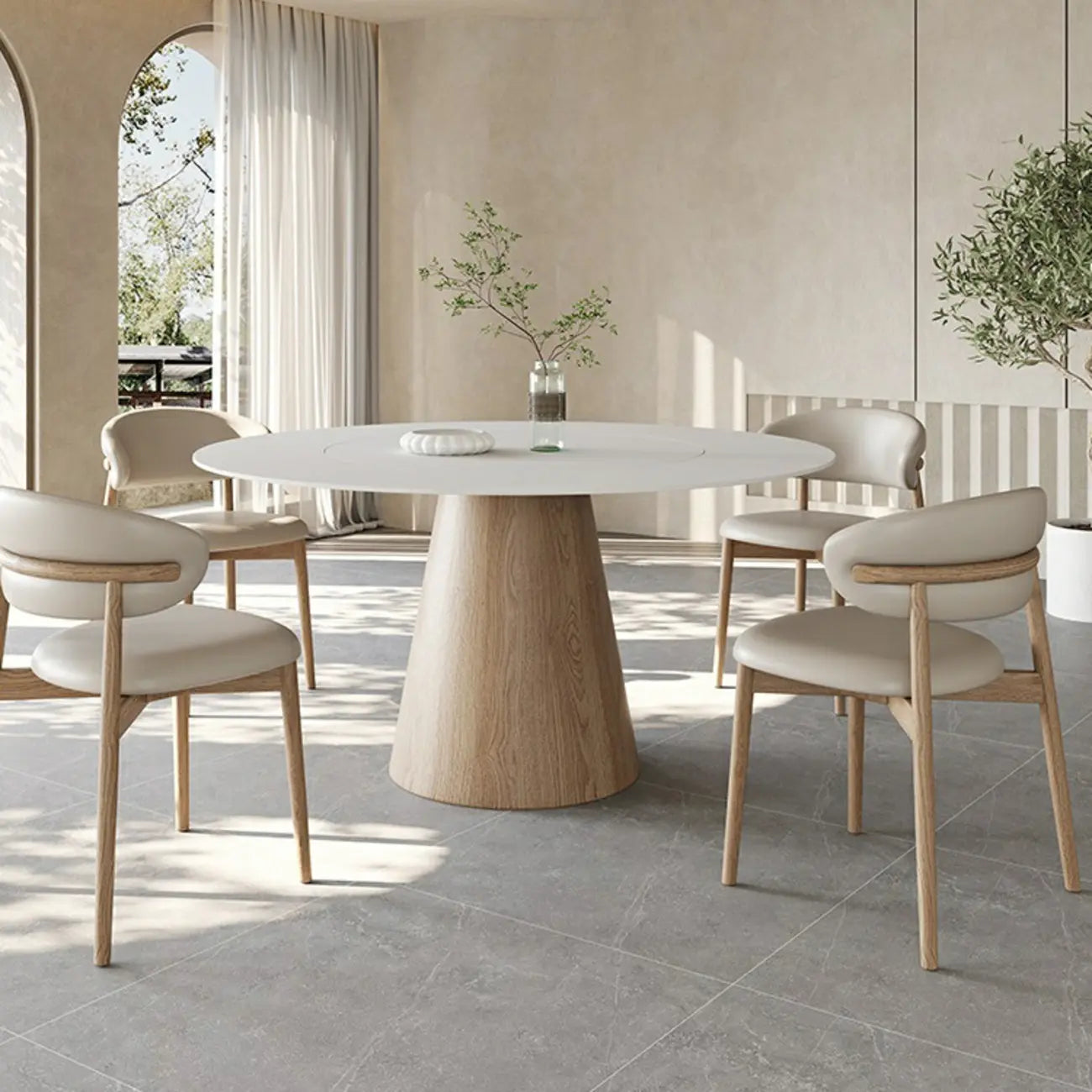 Simple White Stone Natural Wood Round Dining Table