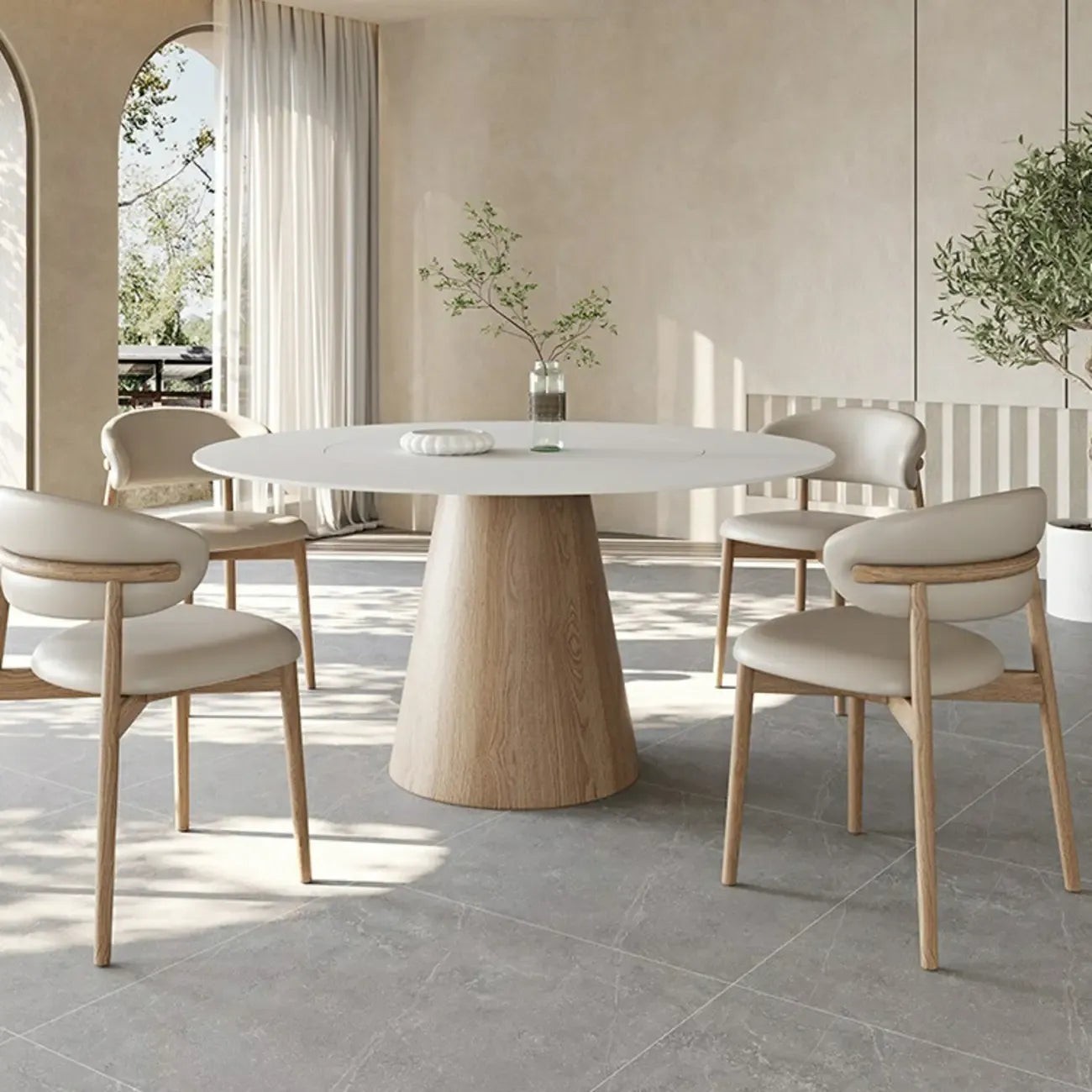 Simple White Stone Natural Wood Round Dining Table