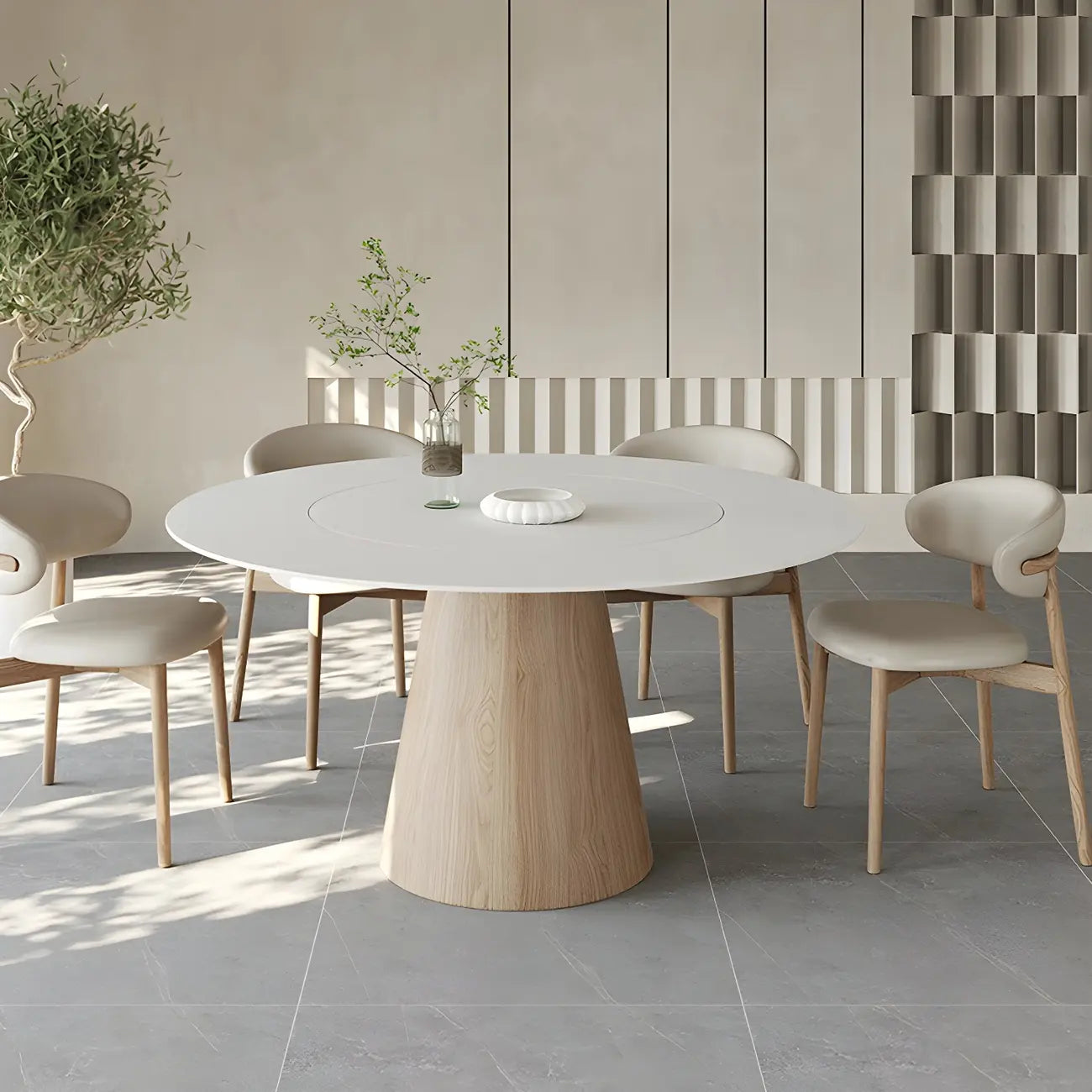 Simple White Stone Natural Wood Round Dining Table