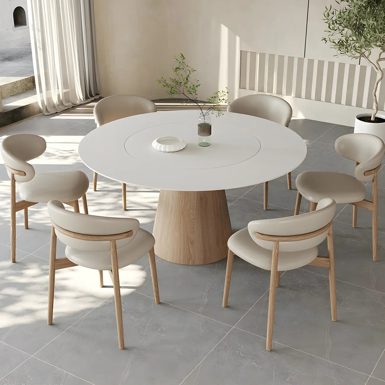 Simple White Stone Natural Wood Round Dining Table