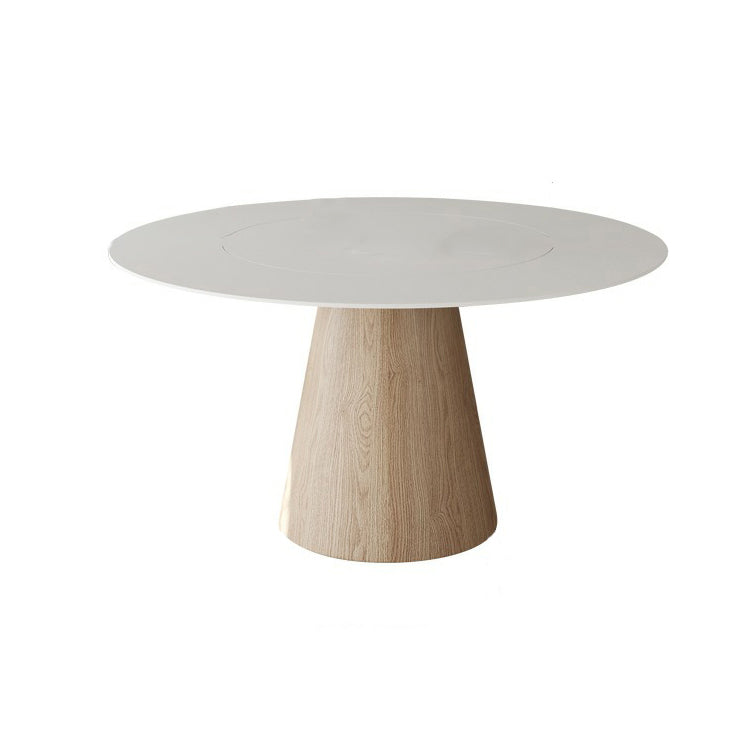Simple White Stone Natural Wood Round Dining Table