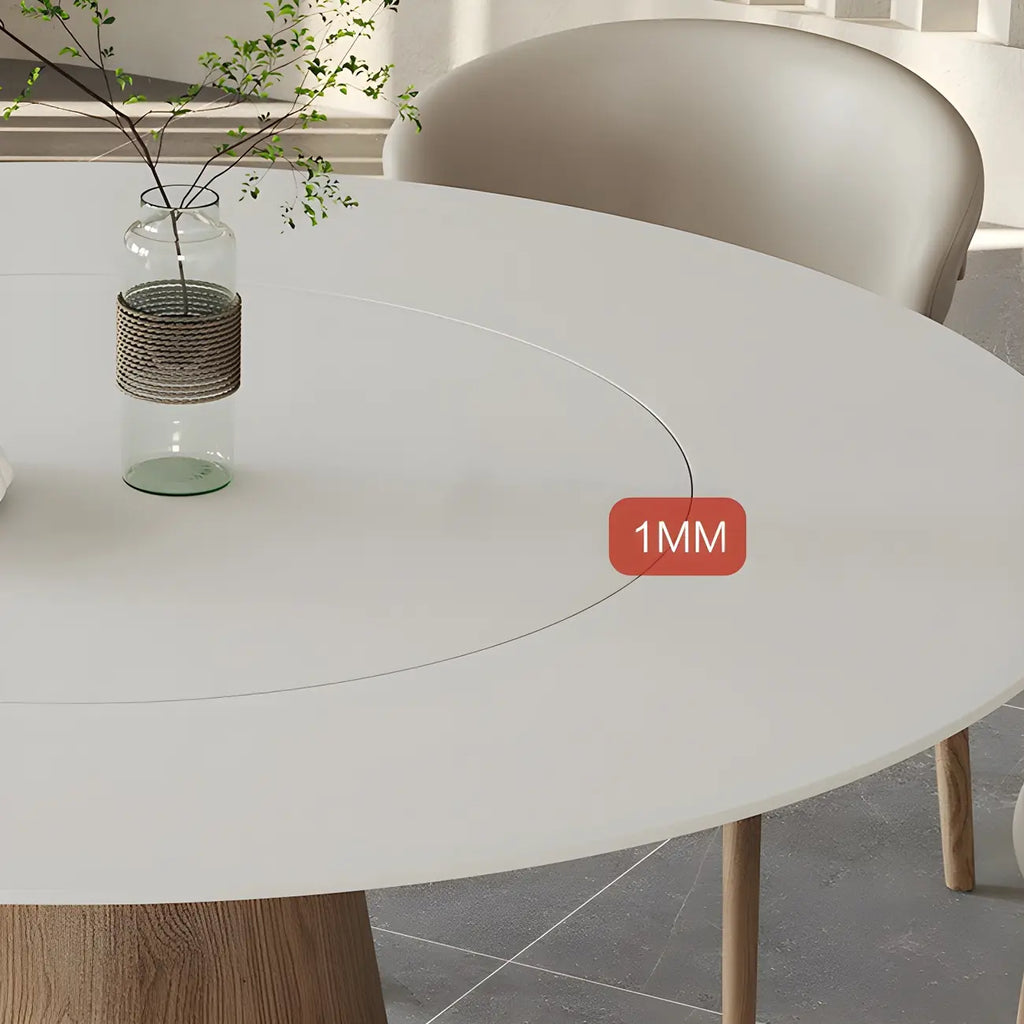 Simple White Stone Natural Wood Round Dining Table