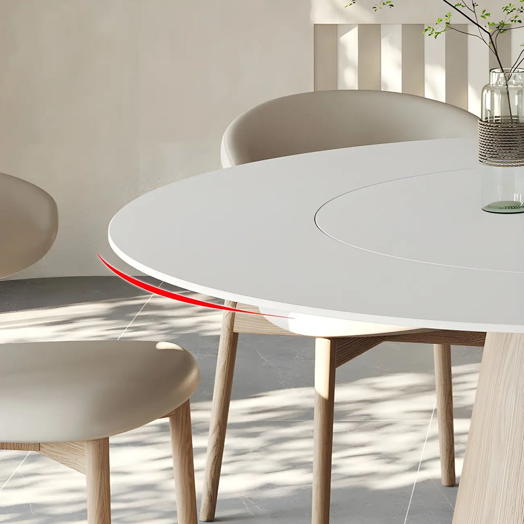 Simple White Stone Natural Wood Round Dining Table