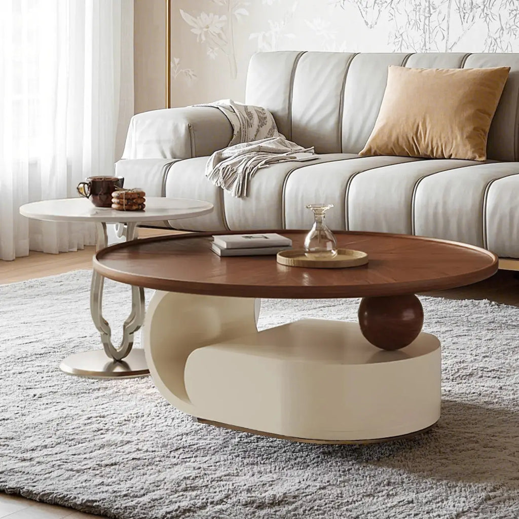 Metal Base Nesting Brown Wood Round Drawer Coffee Table