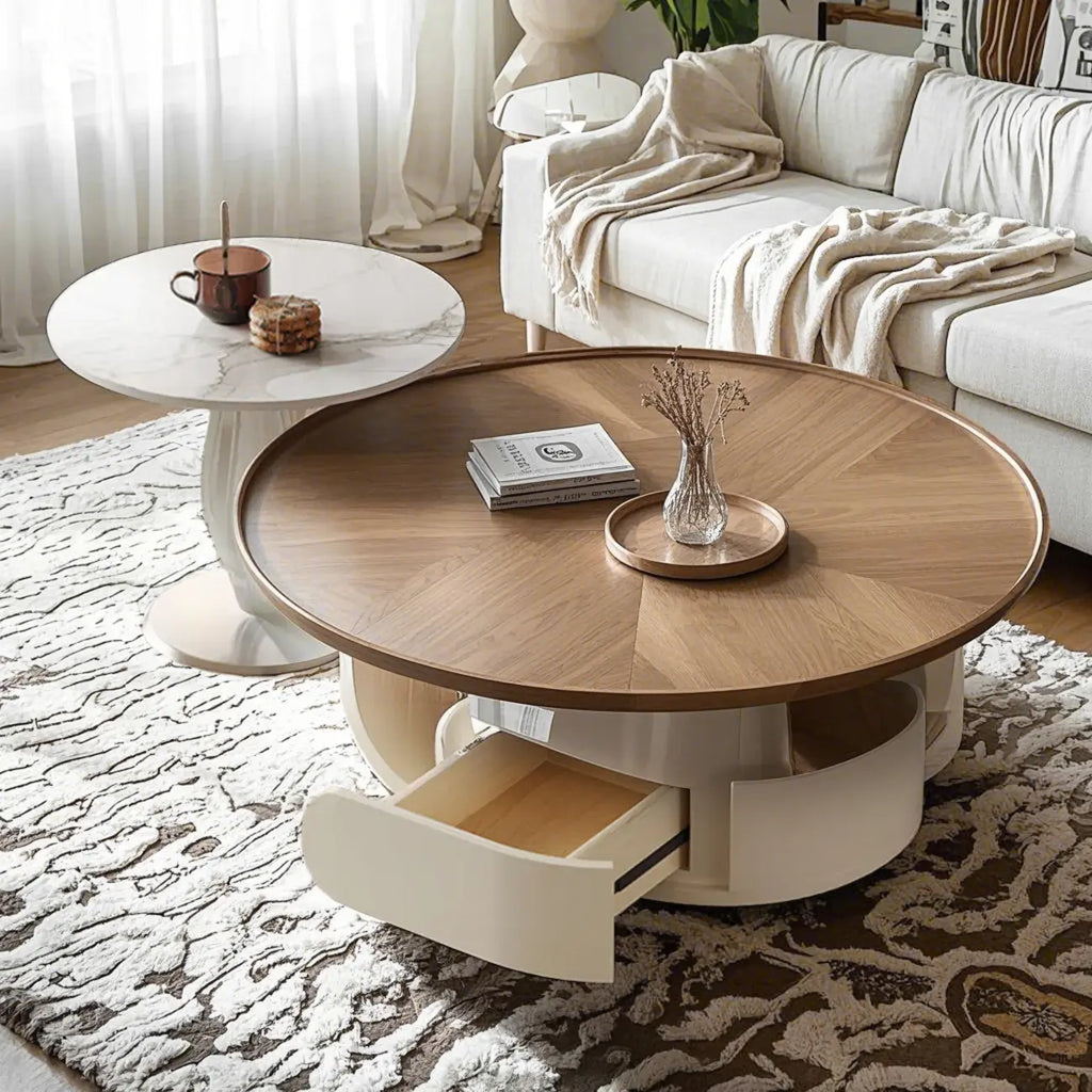 Metal Base Nesting Brown Wood Round Drawer Coffee Table