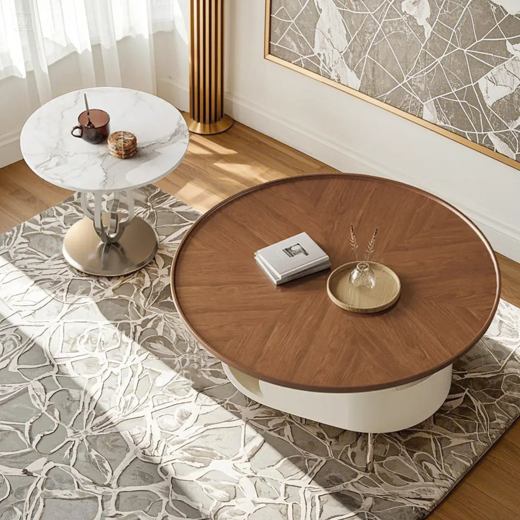 Metal Base Nesting Brown Wood Round Drawer Coffee Table