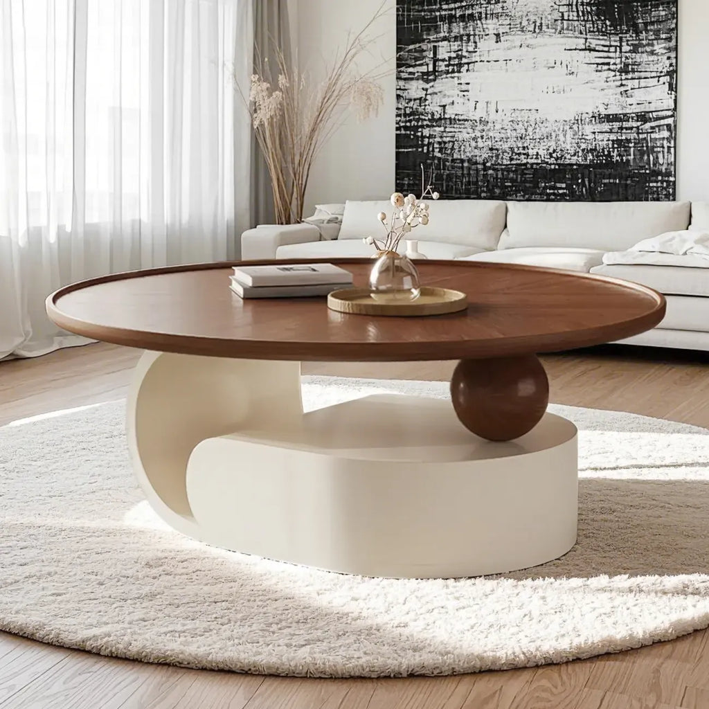Metal Base Nesting Brown Wood Round Drawer Coffee Table