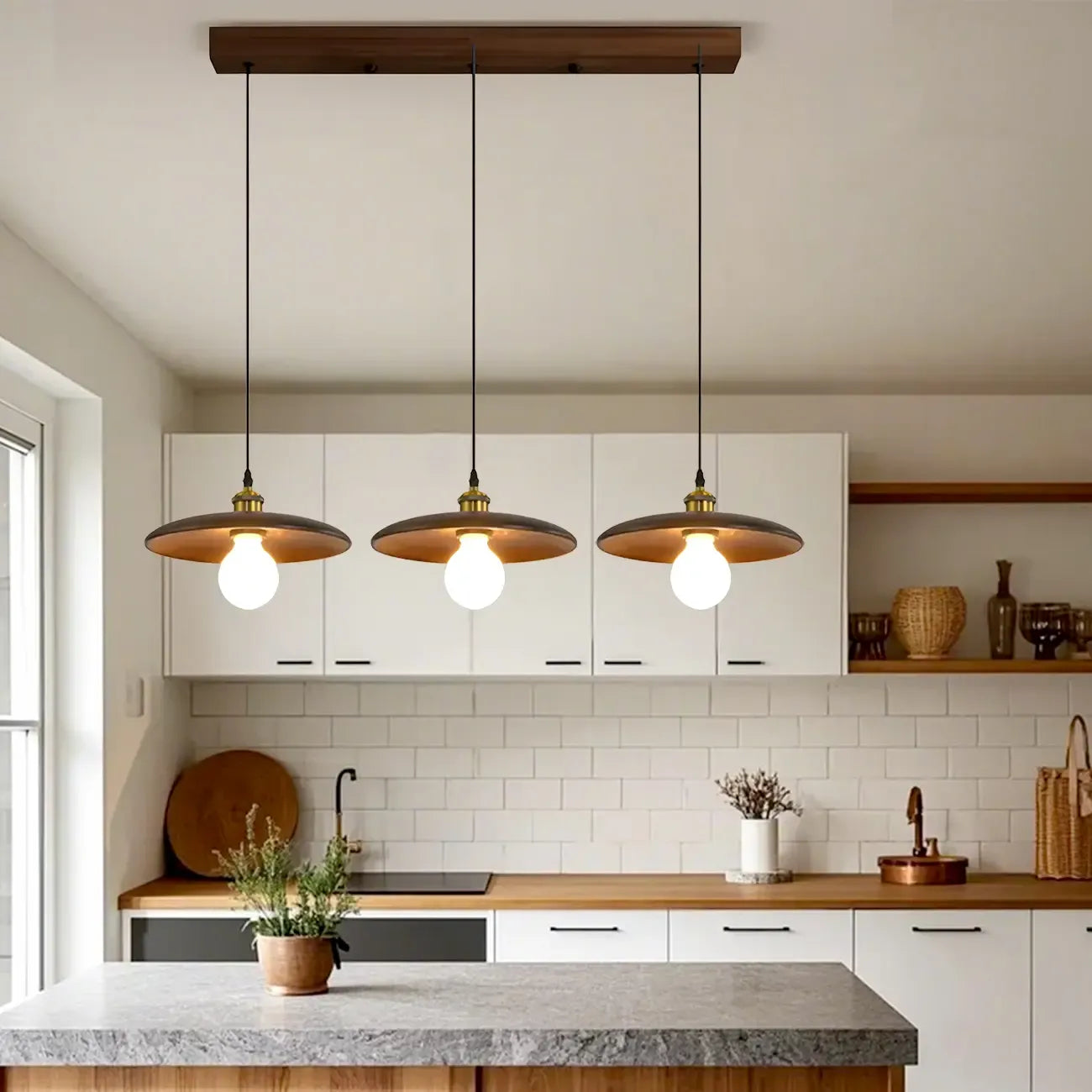 Geometric Walnut Wood Island Pendant Light for Kitchen