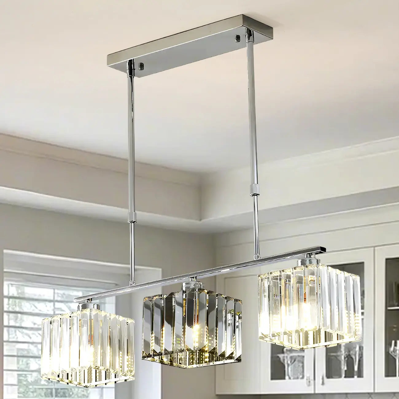 Modern Glass Island Pendant Light with Metal Frame for Kitchen