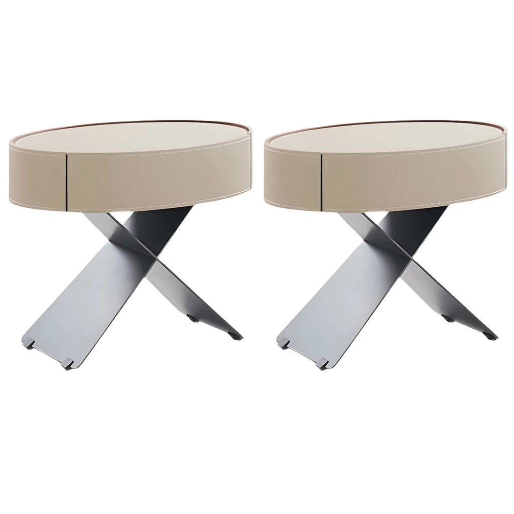 Contemporary Beige Leather Oval X-Base Drawer Nightstand