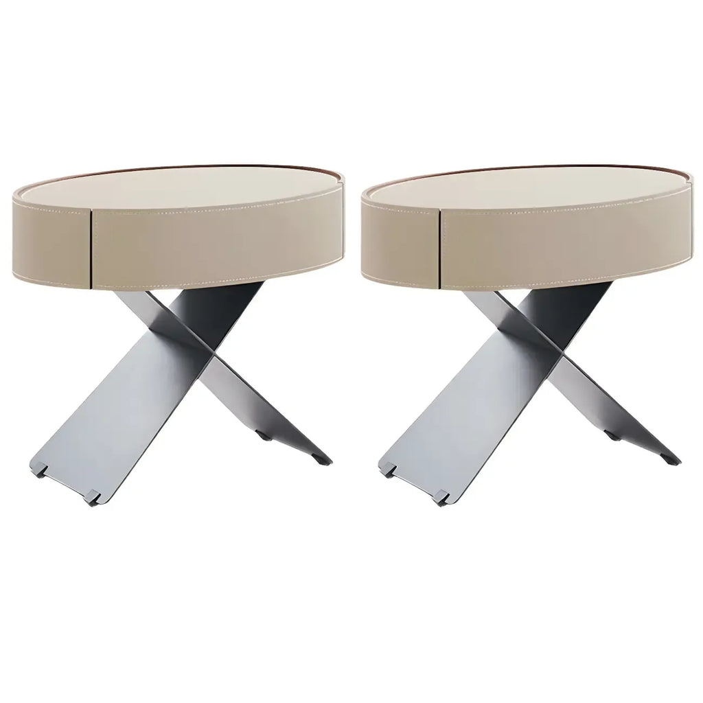 Contemporary Beige Leather Oval X-Base Drawer Nightstand