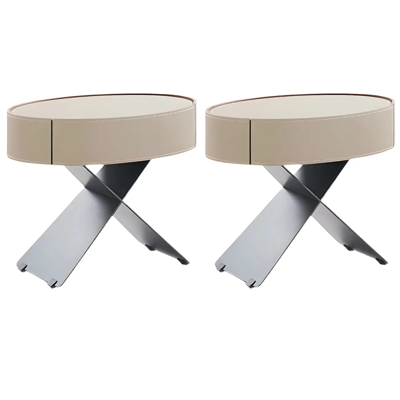 Contemporary Beige Leather Oval X-Base Drawer Nightstand