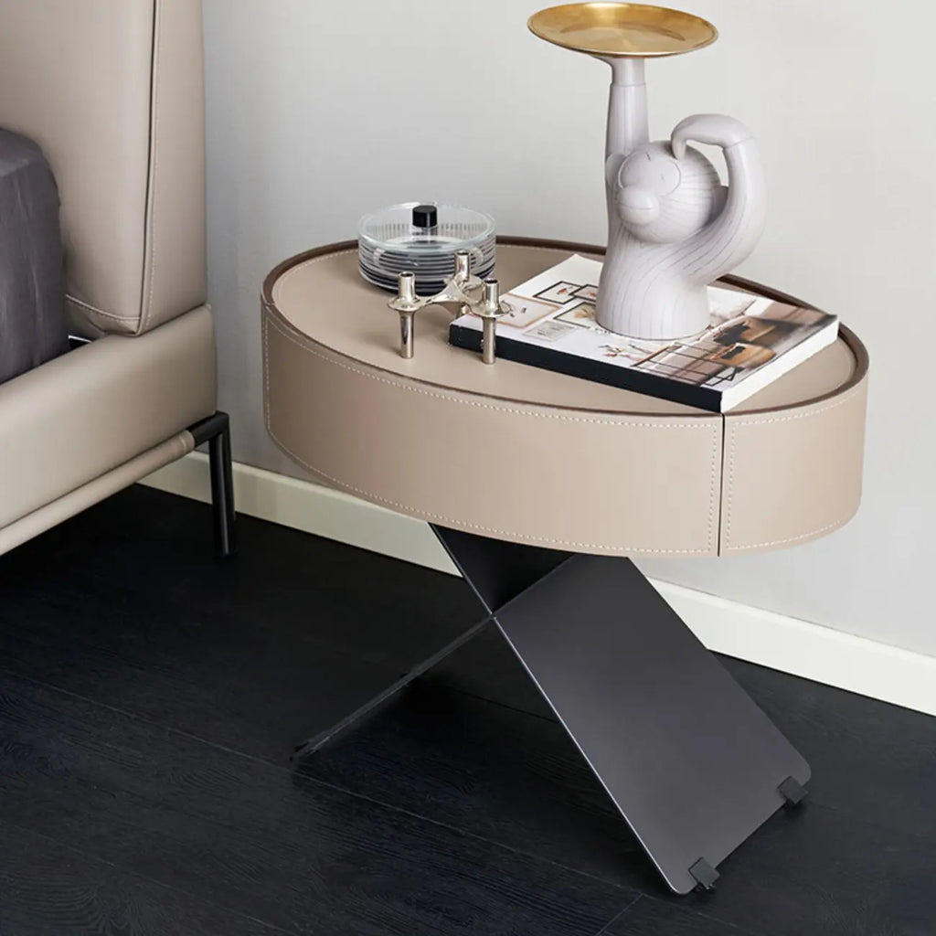Contemporary Beige Leather Oval X-Base Drawer Nightstand