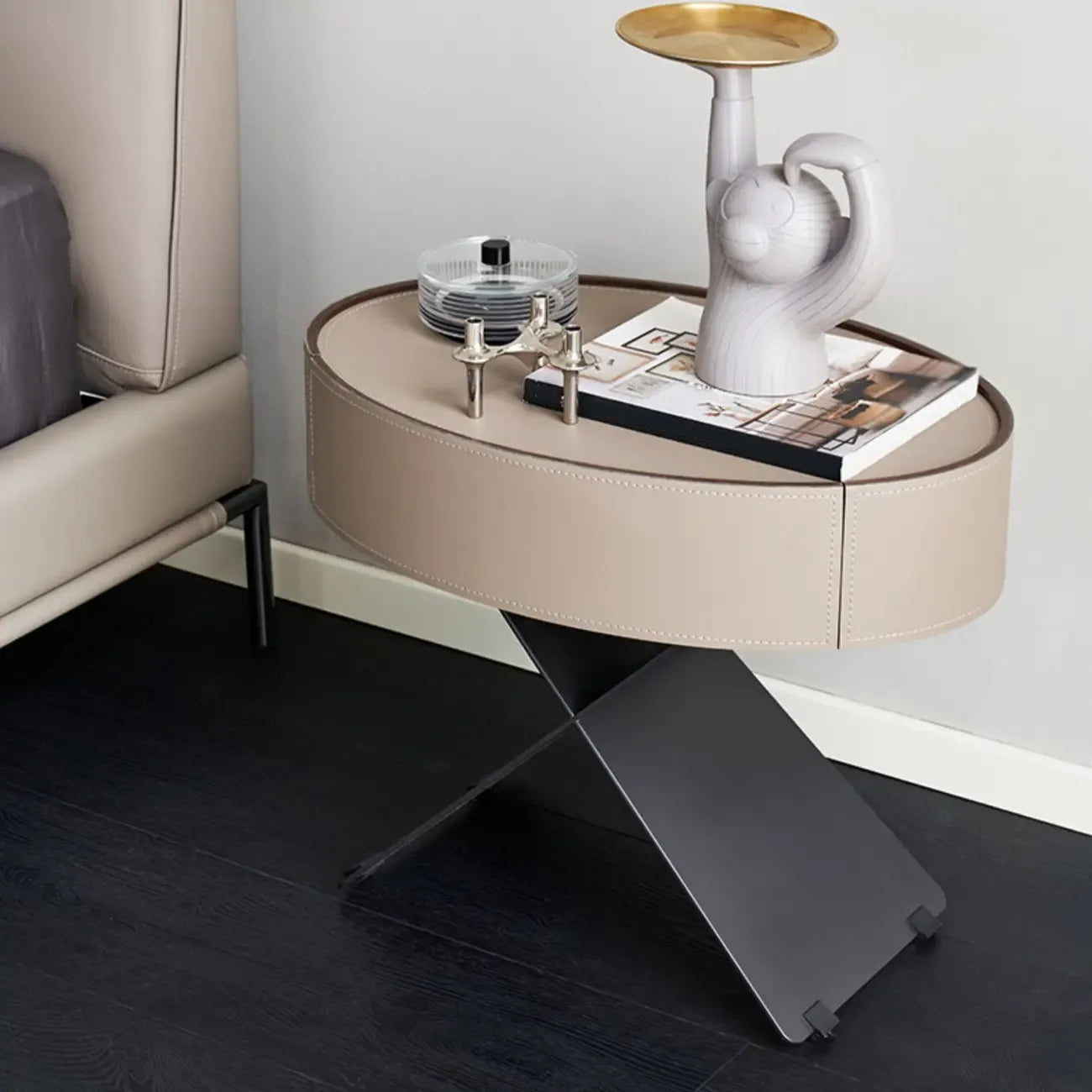 Contemporary Beige Leather Oval X-Base Drawer Nightstand