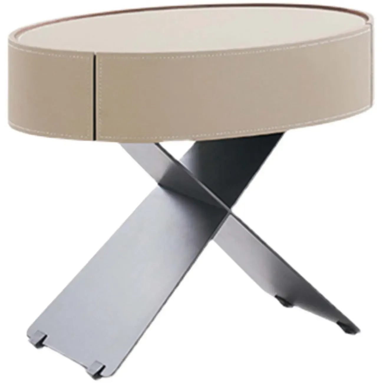Contemporary Beige Leather Oval X-Base Drawer Nightstand