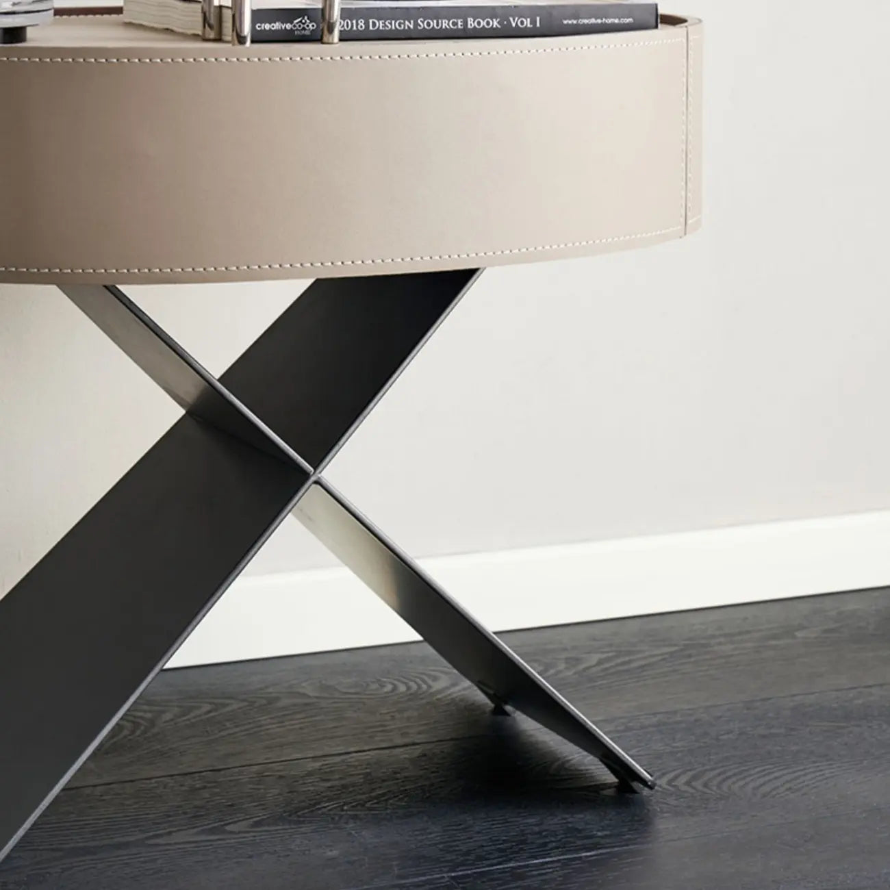 Contemporary Beige Leather Oval X-Base Drawer Nightstand