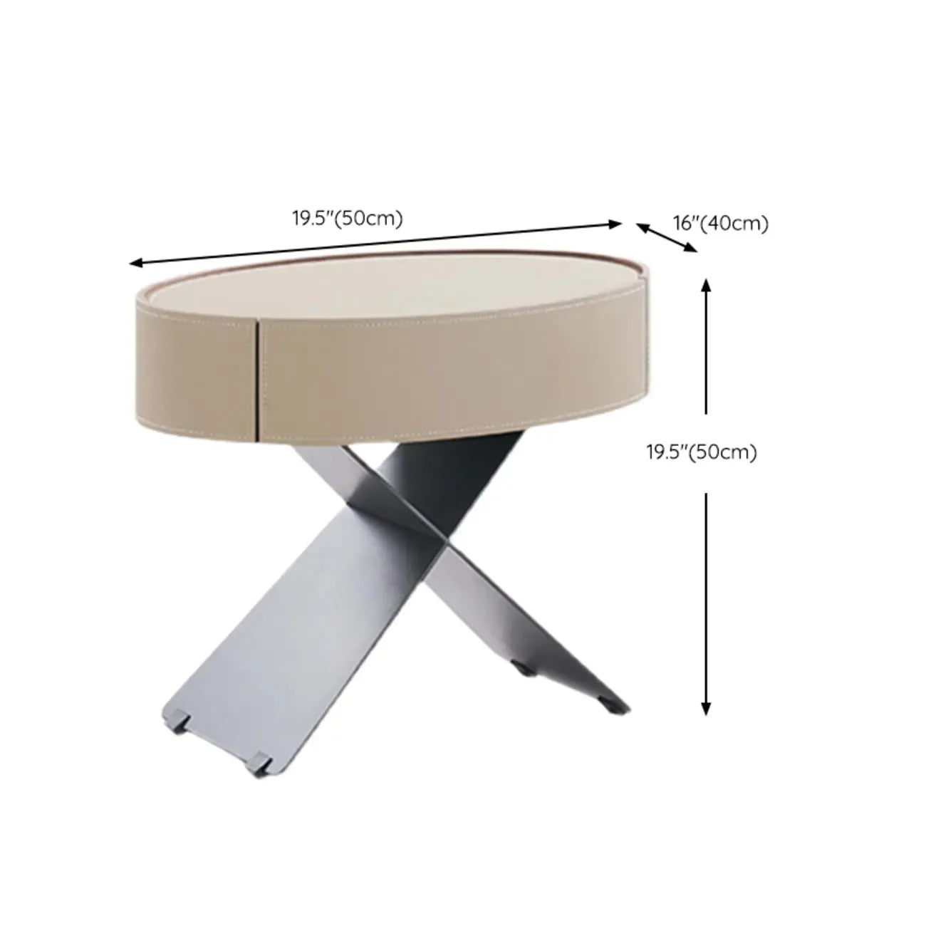 Contemporary Beige Leather Oval X-Base Drawer Nightstand