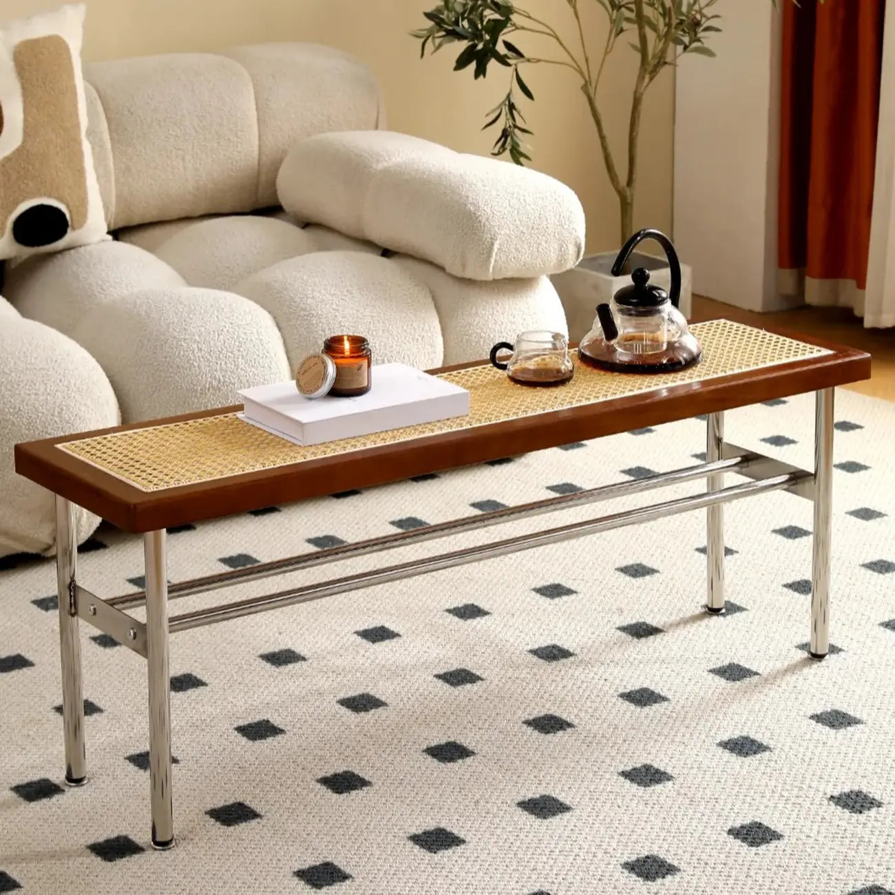 Retro Charming Rattan Metal Living Room Bench with Storage