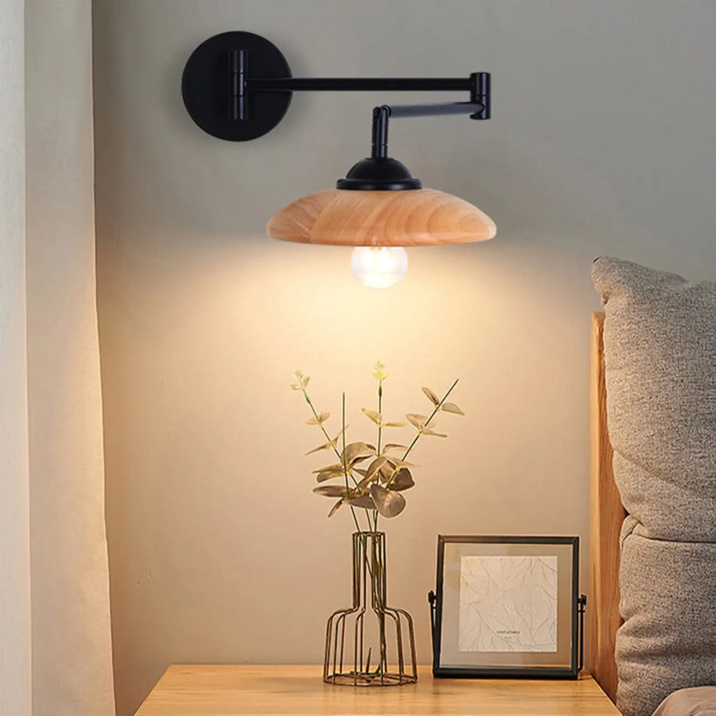 18 Small Bedside Swing Arm Wall Light with Wooden Shade