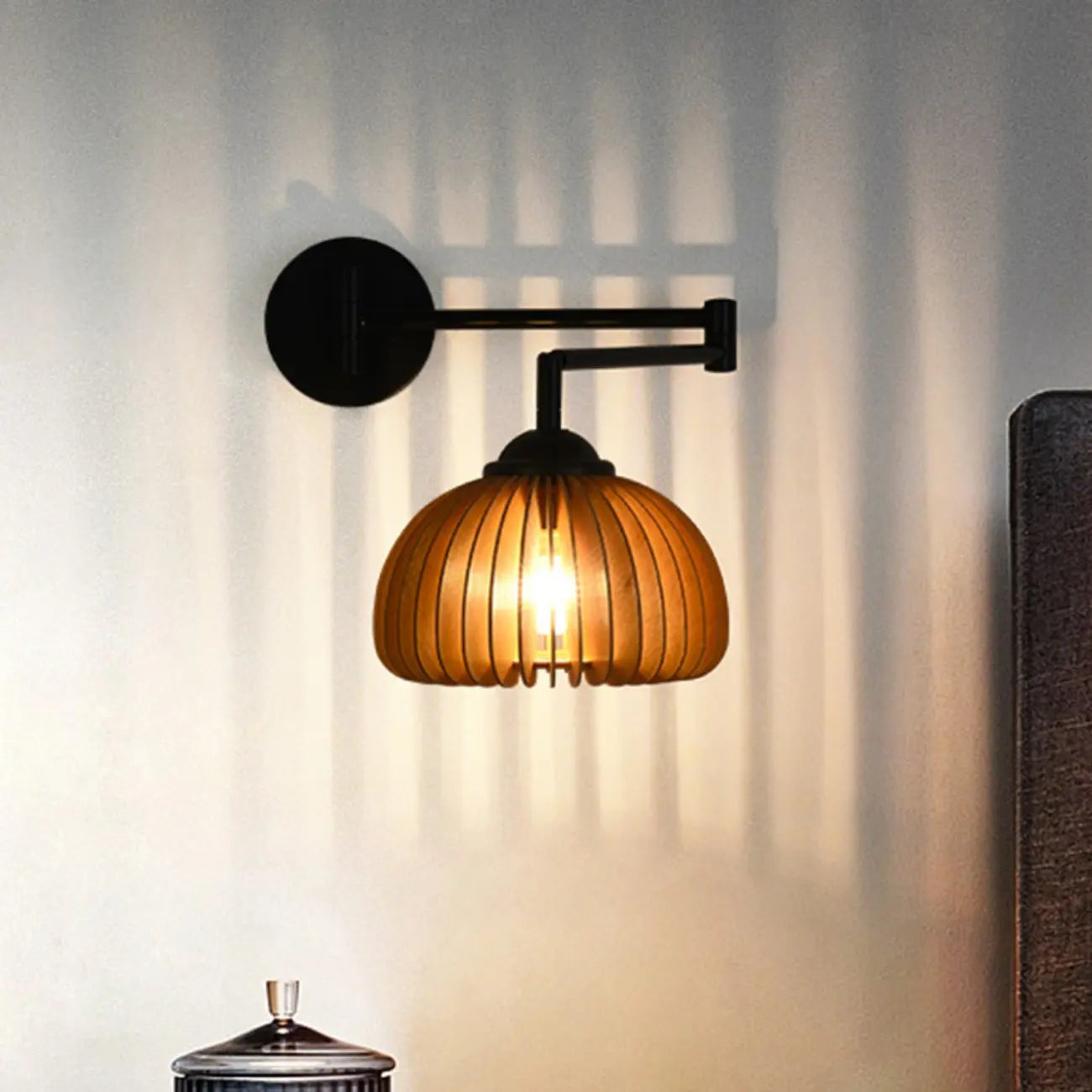 18 Small Bedside Swing Arm Wall Light with Wooden Shade