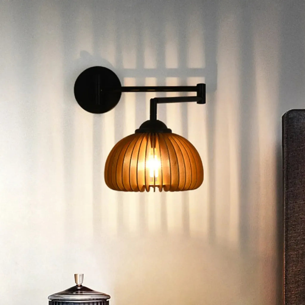 18 Small Bedside Swing Arm Wall Light with Wooden Shade